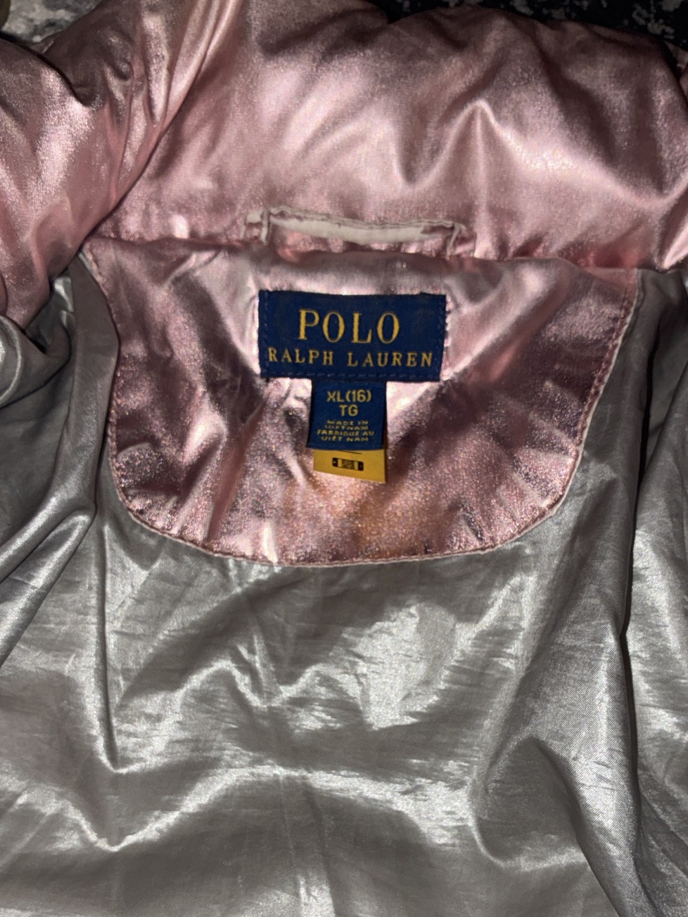 Polo by Ralph Lauren Silver Puffer Jacket with Pink Lining